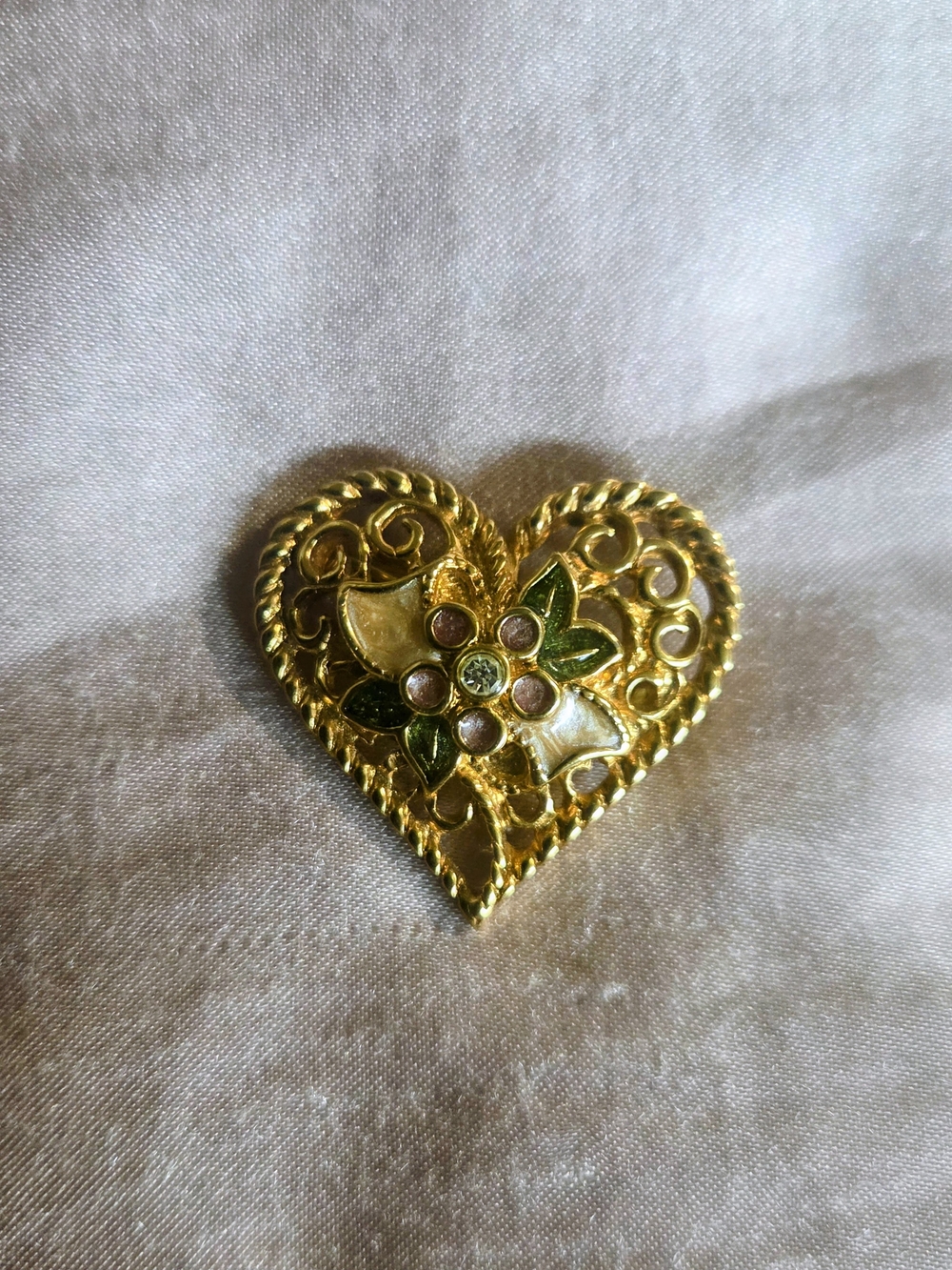 Vintage Avon Brooch "I Love You" Gold Tone Filigree Pink Floral Heart